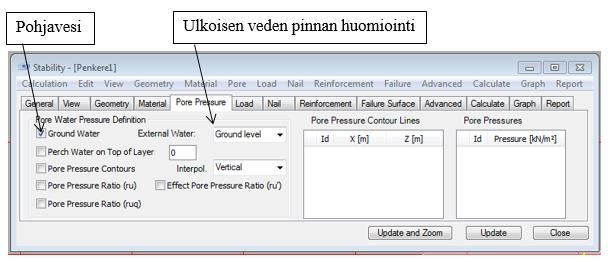 Jollei pohjavettä valita tällä välilehdellä aktiivisesti, huomioi ohjelma sen esimerkissä vain maakerrosten tilavuuspainoissa.