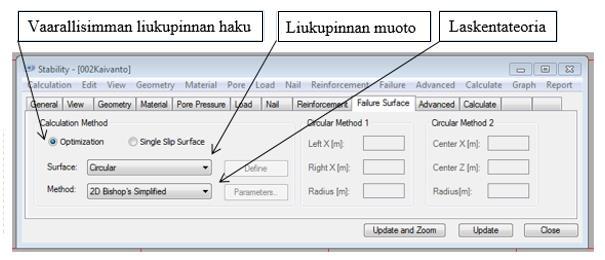 77 2.6.8 Liukupinnan asetukset Failure Surface - välilehdellä määritellään liukupintojen laskentamenetelmä.