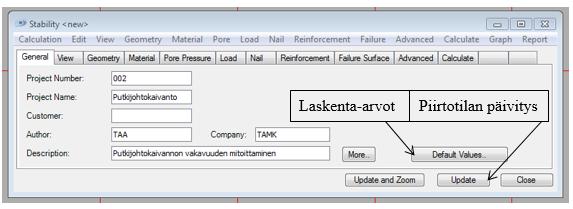 Tarvittaessa voidaan Default Values painikkeesta muokata laskennassa yleisesti käytettäviä tietoja, kuten veden tilavuuspainoa.