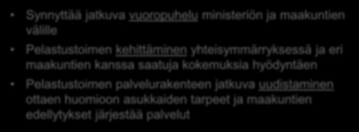 Synnyttää jatkuva vuoropuhelu ministeriön ja maakuntien välille Pelastustoimen kehittäminen yhteisymmärryksessä ja eri maakuntien kanssa saatuja