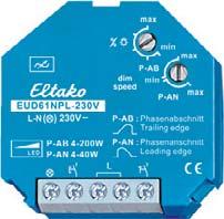 Valonsäädin / painikehimmennin EUD61NPL kojerasiaan,ilman nollajohdinta, LED-kuormille EUD61NPL-230V R, R, C LED 19 max min max P-AB dim min speed max P-AN Tehdasasetukset Yllä tehdasasetukset Ohjaus