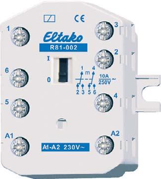 R81 2 vaihtokosketinta 10A/250V AC Uppo- tai pinta-asennukseen tarkoitettu yksikkö. Minimiohjausteho vain 5 W.  Pituus 50mm, leveys 26mm, syvyys 32mm.  Tyyppi/ ohjausjännite Lähtö Snro.