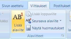 Alaviitteen lisääminen 1. Siirrä kohdistin tekstissä kohtaan, johon haluat lisätä alaviitteen. 2.