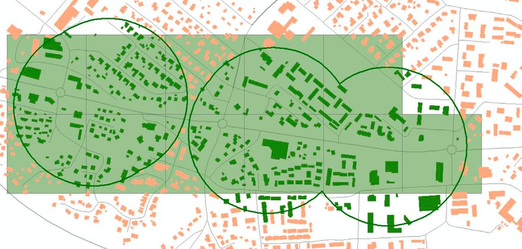 Kuva 6. Rakennuspohjainen joukkoliikennevyöhyke verrattuna ruutupohjaiseen vyöhykkeeseen.