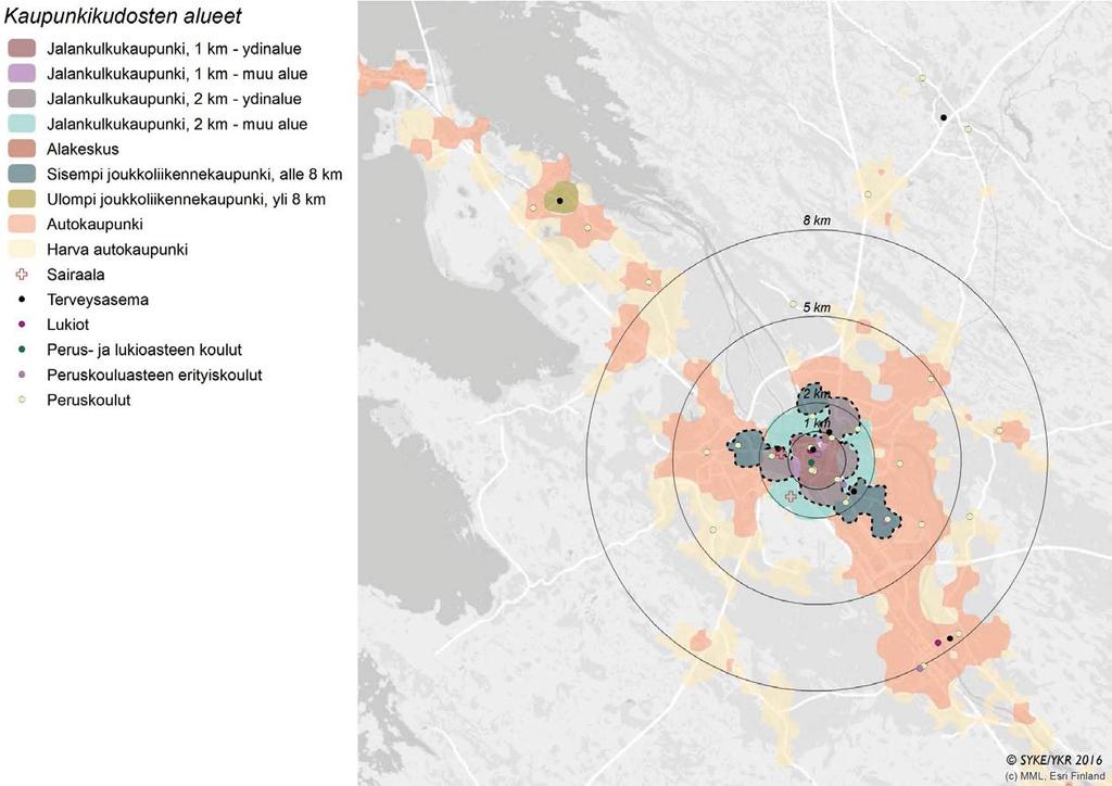 Nykyiset kaupunkikudosten alueet ja uudet tiheät alueet Tiheys 2014 Tiheys 2030 Jalankulkukaupunki, 1 km - ydinalue Jalankulkukaupunki, 1 km -