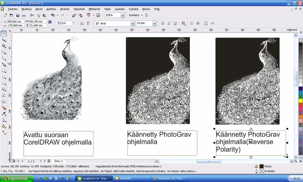 9 4.3 Ohjelmistot Laitteen ohjelmointiin käytetään CorelDraw - ohjelmistoa ja lisäksi PhotoGrav - ohjelmistolla voi halutessaan muokata, hienosäätää ja esikatsella valitsemaansa kuvaa.