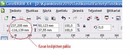 LIITE 1/2 Kun haluttu kohta on valittu, lue tulostimen näytöltä keskipisteen koordinaatit (esim. X = 87,34 Y = 130,45).