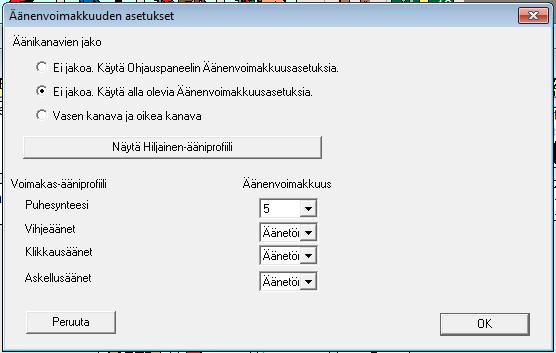 c) äänen voimakkuus (klikkausäänet, askellusäänet äänettömälle) Jos vihjeäänet halutaan päälle, tulee äänenvoimakkuutta lisätä.