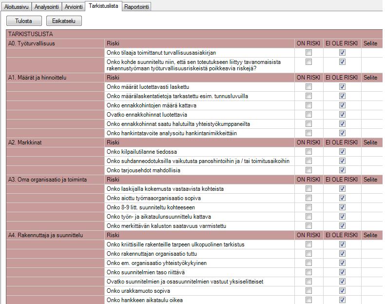 53 Kuva 29. Tarkastuslista (RiskiReiska 2008) 4.7.1 Riskirekisteri esimerkkikohteessa Esimerkkikohteen riskirekisterin luominen oli erityisen tärkeää kohteen suurten riskien vuoksi.
