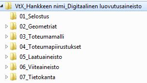 17 Digitaalisen luovutusaineiston kansiorakennetta lähdettiin muodostamaan toteumamalliohjeen ja urakoitsijan laaturaportointi ohjeen perusteella.