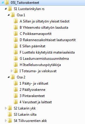 Liite 2 / 13/17 R4/5.1.2017 AINEISTOSELOSTUS Kuva 6. Taitorakenteiden laatuaineiston jaottelu. 2.5.10 05J Rata Kansiossa on esitetty hankkeessa radan ajolankojen systeemikorkeuden muutokseen liittyvä laatuaineisto.