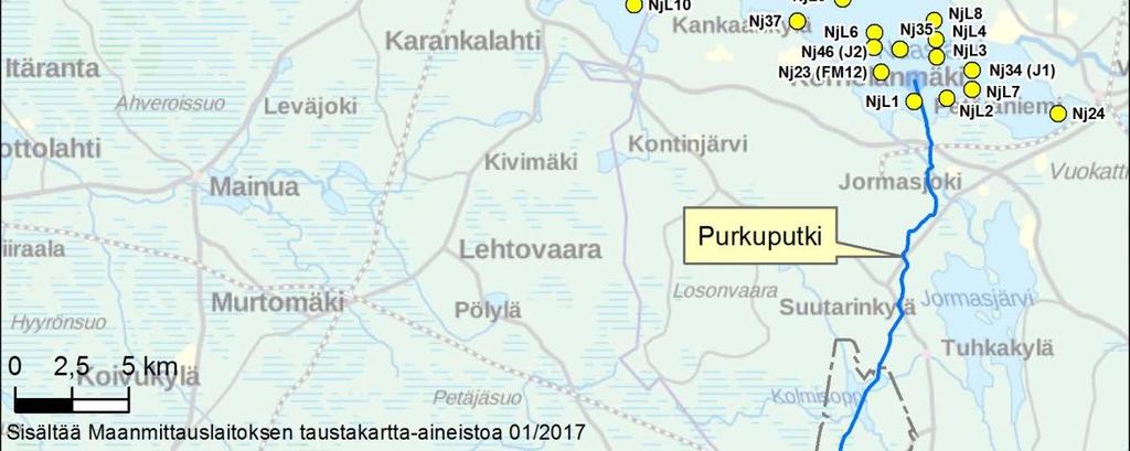 Kenttämittauspisteet Nuasjärvi-Oulujärvi alueella, J1 J3 jatkuvatoimisia mittausasemia.
