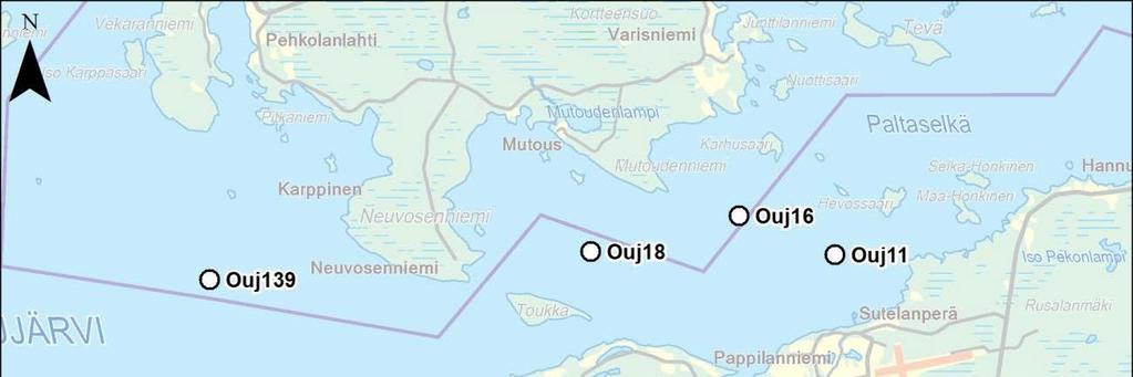 Kuva 6-49. Oulujärven tarkkailupisteiden Ouj11, Ouj16 ja Ouj18 sijainti.