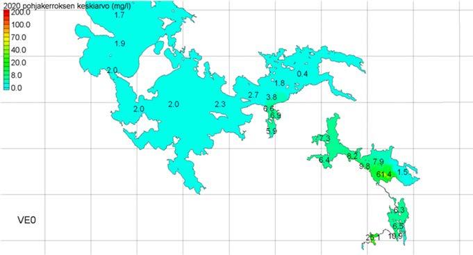 Kuva 6-60. YVA-vaihtoehto VE0. Sulfaattipitoisuuden vuosikeskiarvot ja maksimiarvot pohjakerroksessa 4. laskentavuotena (2020).