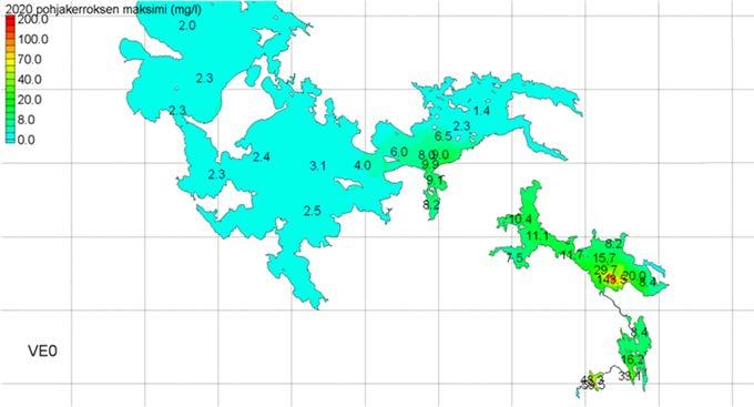 Vaihtoehdossa VE1a Nuasjärven purkuputken kuormitus laskee puoleen laskentajakson kolmannen vuoden jälkeen eli vaihtoehdon VE0 tasolle (15 000 t/a). Jakaumakuvat (Kuva 6-61, Kuva 6-62) on esitetty 3.