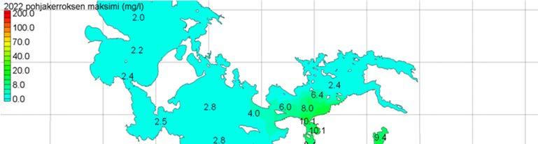 Kuva 6-64. YVA-vaihtoehto VE1b. Sulfaattipitoisuuden vuosikeskiarvot ja maksimiarvot pohjakerroksessa 6. laskentavuotena (2022).