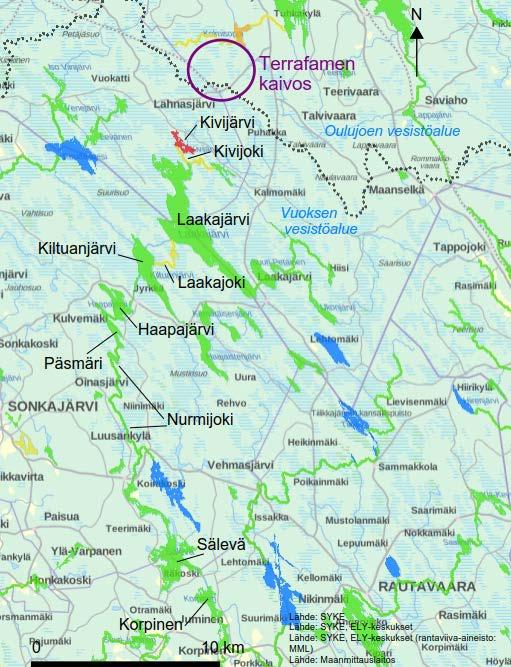 Kuva 9-2. Vesistöjen ekologinen tila Vuoksen vesistöalueella (Ympäristökarttapalvelu Karpalo, haettu 3.11.2016).