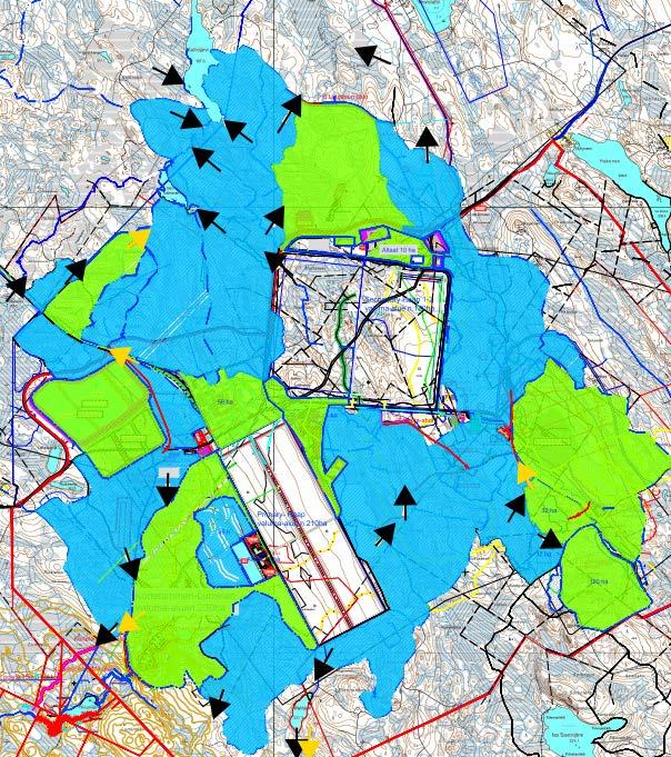 Kuva 4-6. Kaivosalueen valuma-alueet. Sinisellä värillä merkityt valuma-alueet ovat puhtaiden vesien erotusten alueita.