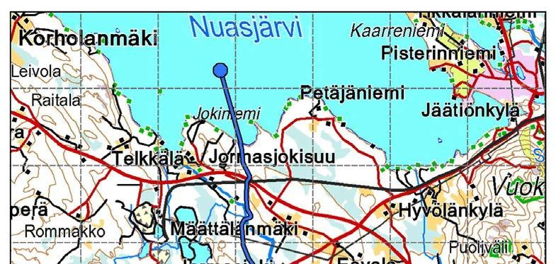 Kuva 4-7. Terrafamen purkuputken linjaus kaivosalueelta Nuasjärveen.