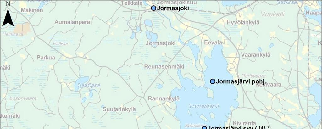 Kuva 6-19. Näytteenottopaikat vanhalla purkureitillä välillä Salminen Jormasjoki. J4 myös automaattimittausasema.