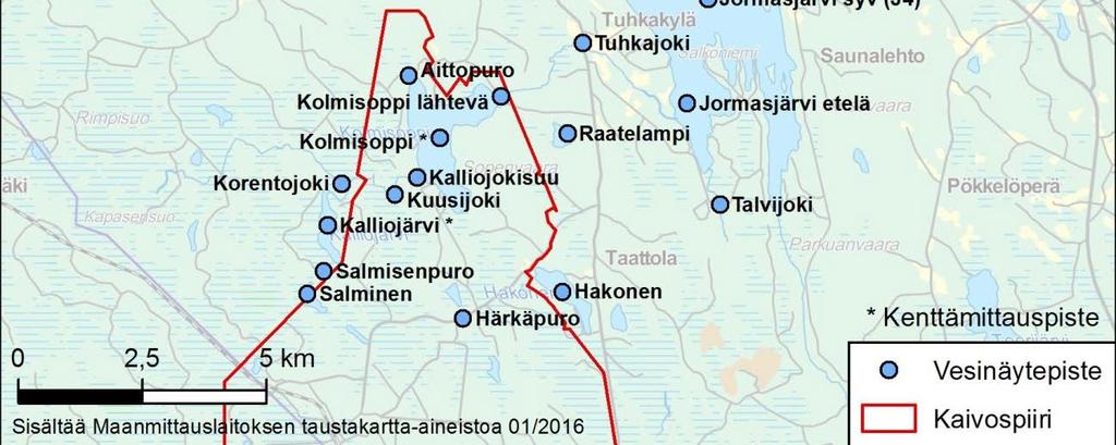 Salmisen ja Kalliojärven alusvedessä sähkönjohtavuus on ollut keskimäärin 566 1047 ms/m ja Kolmisopessa 98 ms/m.