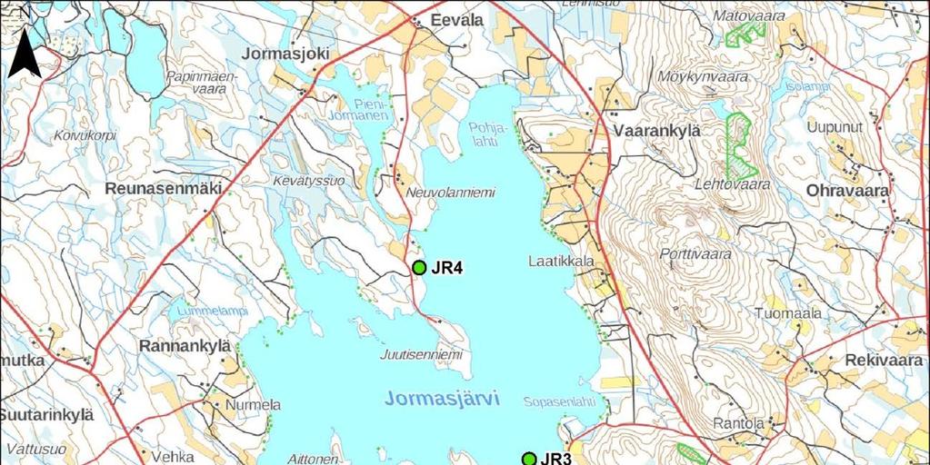 Kuva 6-27. Rantavesinäytteiden ottopaikat Jormasjärvessä v. 2015 ja 2016. Taulukko 6-9. Jormasjärven ranta-alueilta otettujen näytteiden vedenlaatu kesällä 2015 ja 2016.