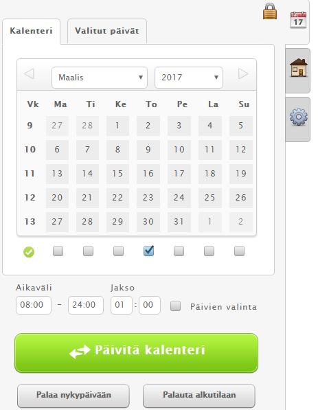 Voit valita kaikki tilat tai ruksata listasta vain ne tilat joiden varaustilannetta haluat tarkastella lähemmin. Suositeltava määrä on 1 3 tilaa. Valitse ajankohta pikkukalenterista.