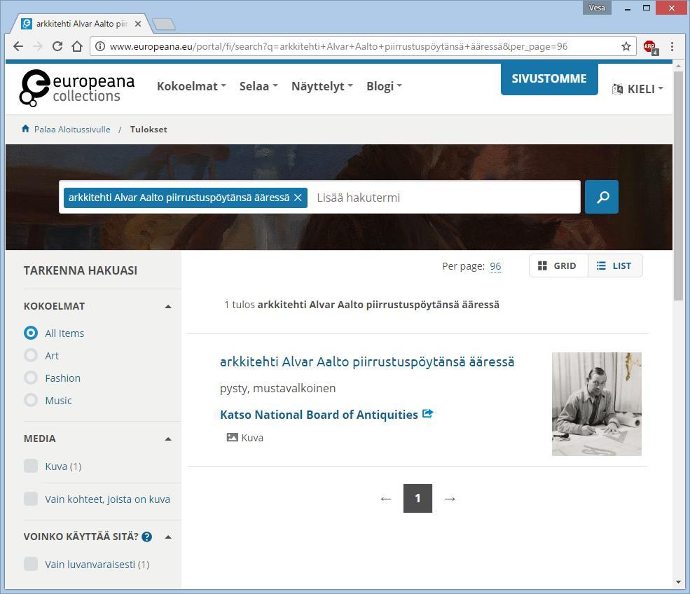 Lisäpalvelut: Finna ja Europeana Finna toimii aggregaattoriana Europeanan suuntaan Datan päivittyminen Europeanaan on tällä hetkellä hidasta Europeanan