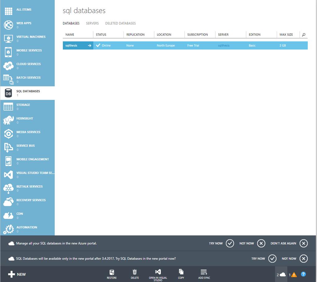 27 yleensä Quick Create. Halutessaan käyttäjä voi kuitenkin määritellä tarkemmin tilattavan palvelun eli tässä tapauksessa SQL Azuren ominaisuuksia.