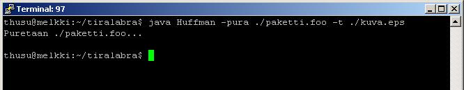 3 2.2.2 Tiedoston purkaminen # java Huffman -pura <tiedosto> [-t <kohdetiedosto>] Kuva 3: Tiedoston purkaminen.