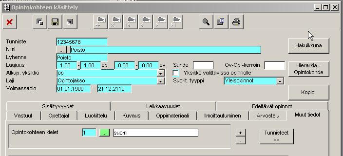 Helsingin yliopisto WinOodi Sivu 2/6 Opintokohteen kieli Opintokohteen kieltä ylläpidetään WinOodissa Opintokohteen käsittely -ikkunassa Muut tiedot välilehdellä.