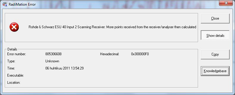 25 KUVA 4. Virheilmoitus ESU 40 I p 2 Scanning Receiver Ohjelmisto päivitettiin aina uusimpaan versioon, vaikkei varsinaista tarvetta päivitykselle olisikaan ollut. Version 5.8.