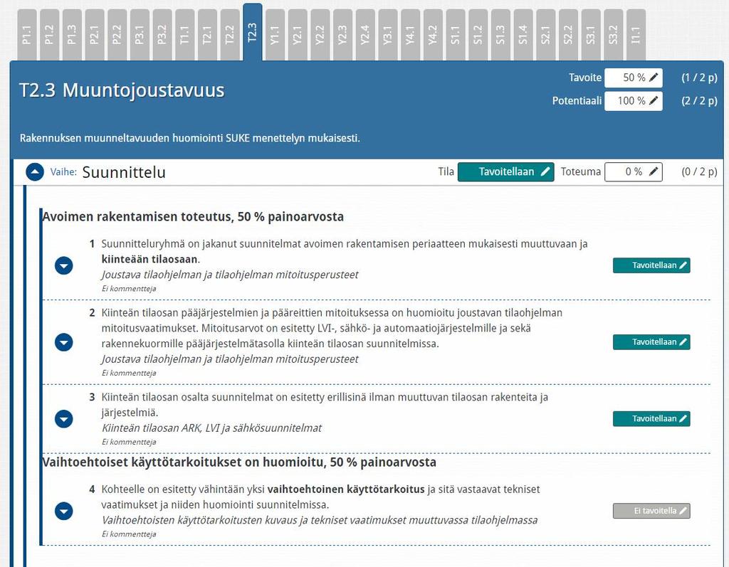 Kunkin kriteerin pisteytysohjeessa on kuvattu, mitä vaatimuksia minkäkin pistemäärän saavuttaminen edellyttää. Asetettu tavoite ja potentiaali on sama kaikissa hankkeen vaiheissa.