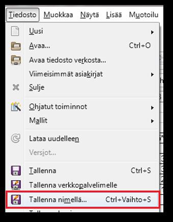 D Aina kun olet avannut/luonut taulukkoon aineiston, josta haluat tehdä diagrammin, tiedosto kannattaa tallentaa.ods-muodossa. Valitse Tiedosto Tallenna nimellä.