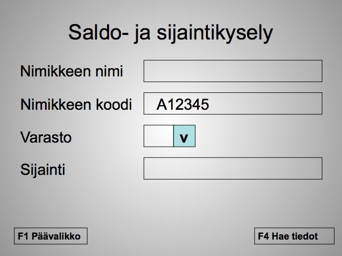 LIITE 1. Käsipäätenäyttömallit (5/10). Hakuehtoina esimerkiksi juuri nimikkeen nimi, nimikkeen koodi, sijainti. Voidaan lukea viivakoodilla.