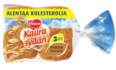 VAASAN Kaurasydän Kun syöt VAASAN Kaurasydän -leipää säännöllisesti 3 viipaletta (= 1½ palaa) päivässä, huono LDL-kolesteroli voi alentua 3-5 %*, ja vaikutus on nähtävissä jo 2 3 viikon käytön