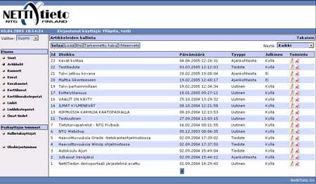 NTG CMS Artikkeleiden hallinta Artikkeleiden hallinnan kautta on madollista selata artikkelilistaa, lisätä uusia
