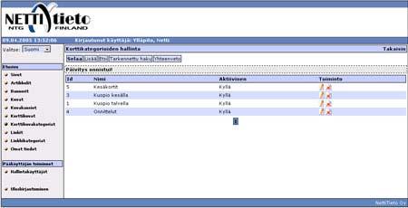 NTG CMS Korttikategorian hallinta Korttikuvakategorian hallinnan kautta on madollista selata kategorioita, lisätä uusia kategorioita, muokata olemassa olevia
