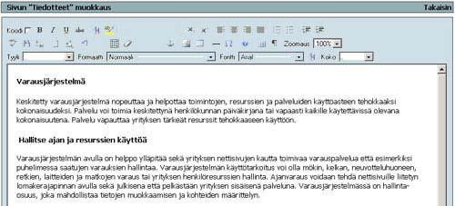 NTG CMS Sivueditori Näytön ylälaidassa on toimintopainikkeita, joita käyttämällä