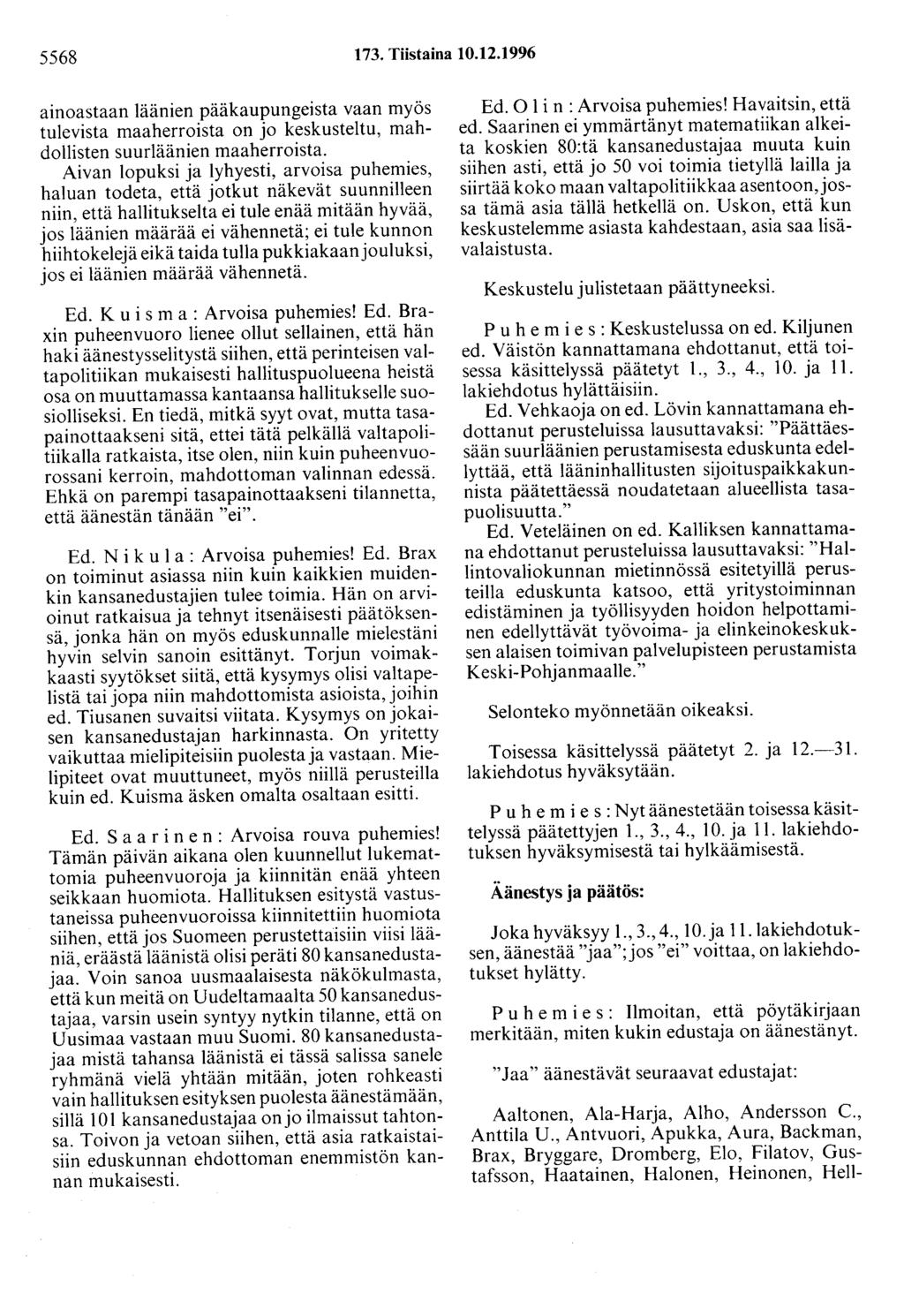 5568 173. Tiistaina 10.12.1996 ainoastaan läänien pääkaupungeista vaan myös tulevista maaherroista on jo keskusteltu, mahdollisten suurläänien maaherroista.