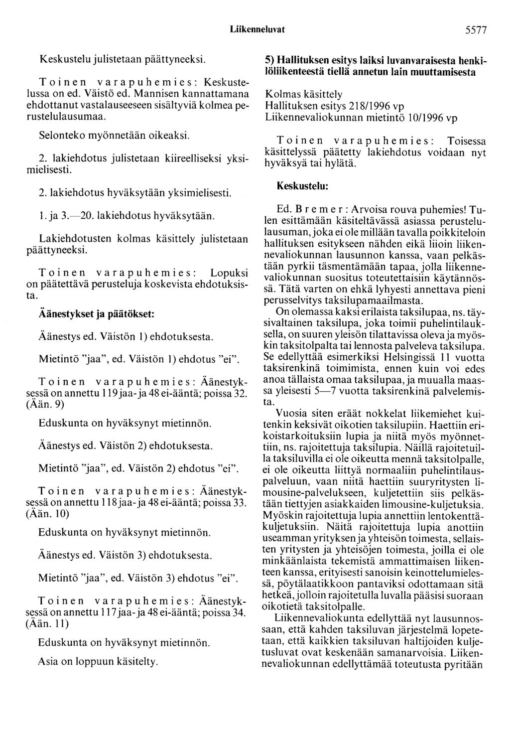 Liikenneluvat 5577 Keskustelu julistetaan päättyneeksi. T o i n e n v a r a p u h e m i e s : Keskustelussa on ed. Väistö ed.