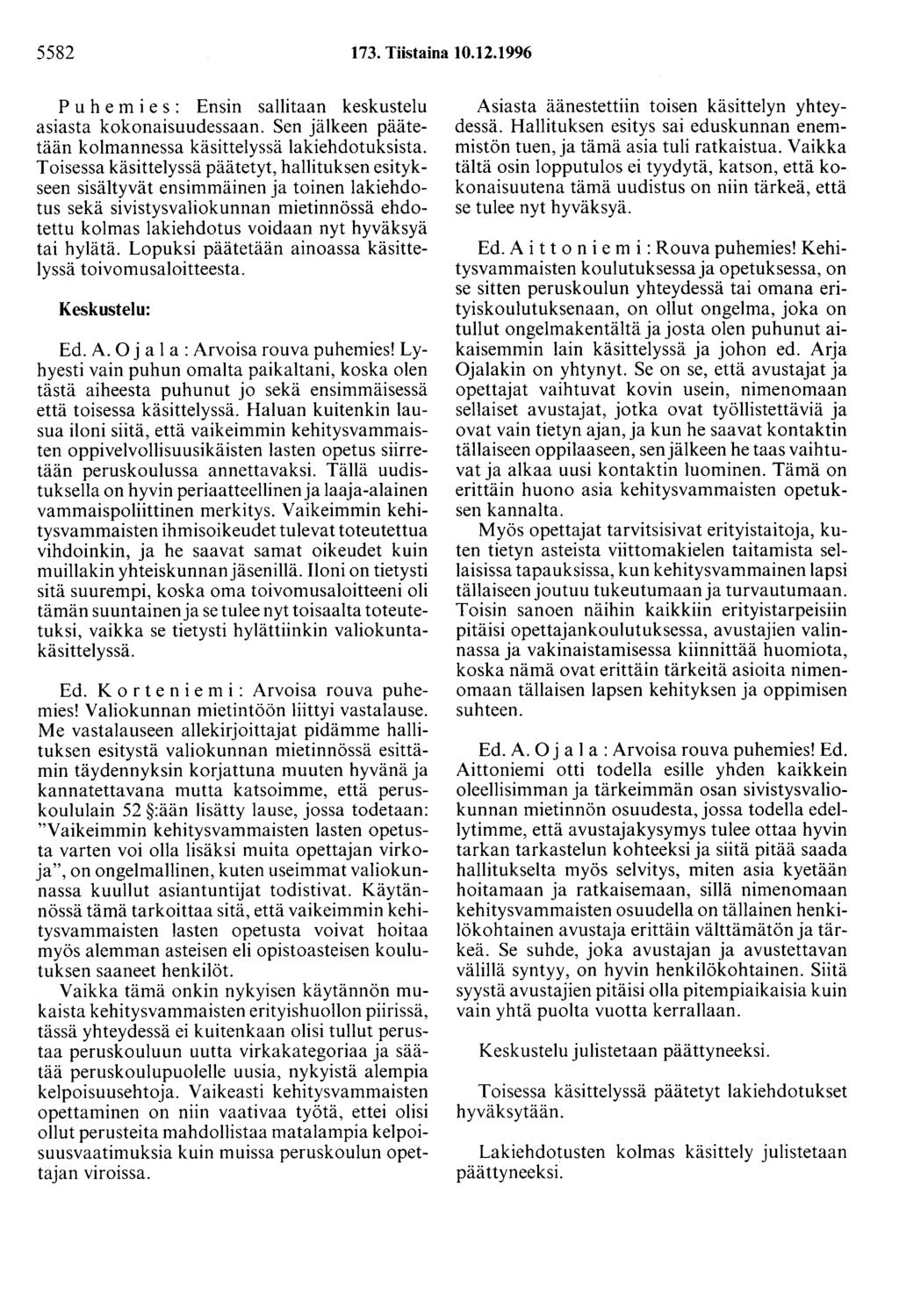 5582 173. Tiistaina 10.12.1996 P u h e m i e s : Ensin sallitaan keskustelu asiasta kokonaisuudessaan. Sen jälkeen päätetään kolmannessa käsittelyssä Iakiehdotuksista.