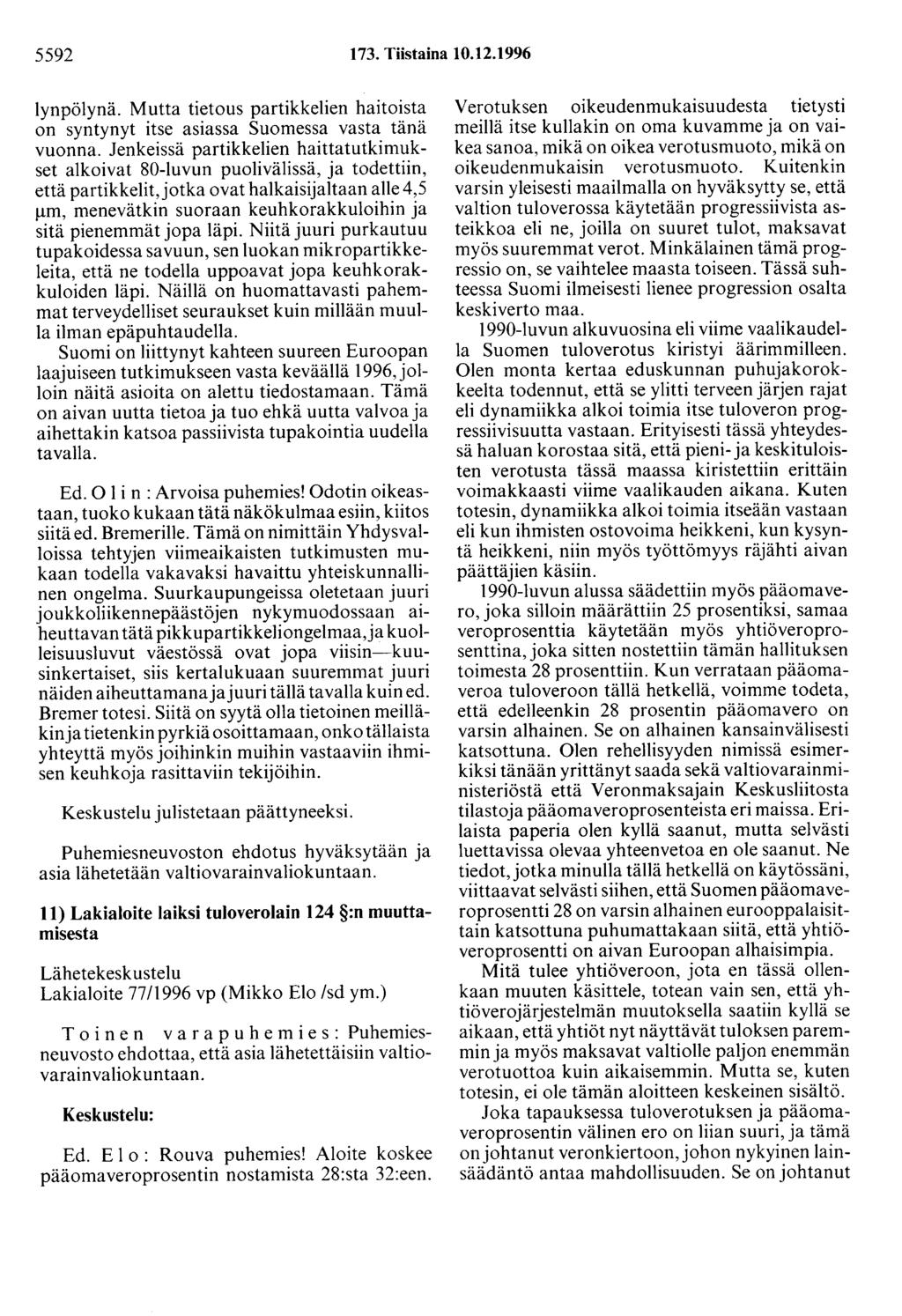 5592 173. Tiistaina 10.12.1996 lynpölynä. Mutta tietous partikkelien haitoista on syntynyt itse asiassa Suomessa vasta tänä vuonna.