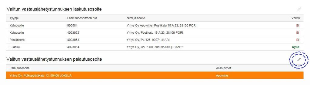Valitun vastauslähetystunnuksen laskutusosoitteen muokkaaminen tapahtuu samalla tavalla kuin logistiikan sopimustunnuksissa (sivu 5). 1.