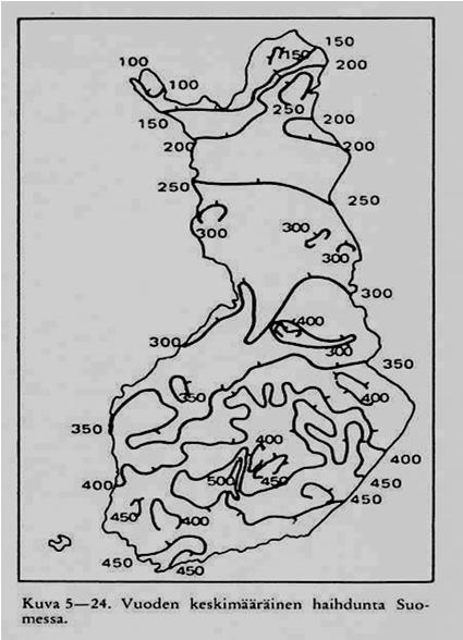 Haihdunta Suomessa 1931-60 Suuret arvot järvisillä alueilla Suuret arvot lounaassa Yleisesti ottaen arvot pienevät Keski- Suomesta