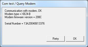 23 Kuva 15. Ikkuna, joka aukeaa, kun Test / Query on onnistunut. Modem-configuration-välilehdessä (kuva 16) saa tietokoneeseen kytketyn ZigBeeradion tiedot painamalla Read-painiketta.