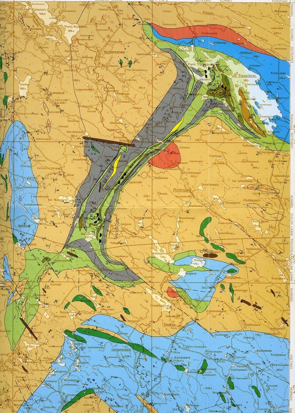 Tipasjärvi Greenstone Belt 5 km Vihreäkivivyöhykkeen ydinalueella tavataan myös intermediäärisiä ja happamia vulkaniitteja sekä vulkanoklastisia kiviä, jotka ovat kerrostuneet ultraemäksisiä ja