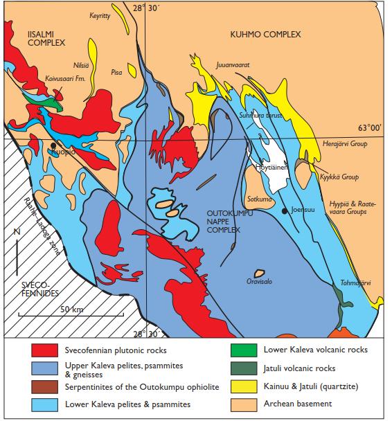 Simplified geological map of North Karelia and eastern Savo Lower Kaleva: -black shales, banded iron-formations, and turbiditic arenites and graywackes - deposited unconformably on older Karelian
