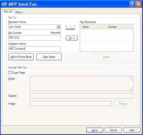 5. Kirjoita vastaanottajan nimi, faksinumero ja yritysnimi HP MFP Send Fax -valintaikkunan Fax To (Faksin vastaanottaja) -kehykseen.