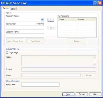 9. Jos laskutuskooditoiminto on käytössä, kirjoita laskutuskoodi HP MFP Send Fax -valintaikkunan Billing Information (Laskutustiedot) -kehykseen. Voit muuttaa laskutuskoodia yksittäisissä faksitöissä.